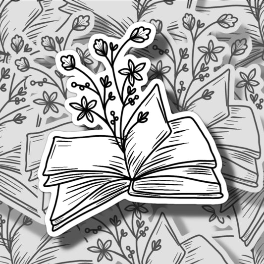 Book Flowers Art Sticker | Book Sticker | Black and White Book Sticker | Minimalist Sticker