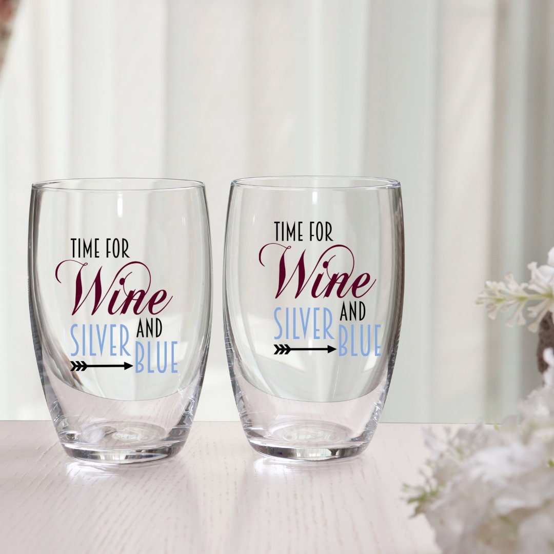 Time for Wine and Silver Blue Wine Glass | Pi Phi Wine Glass | Big Sister Gift | Little Sister Gift