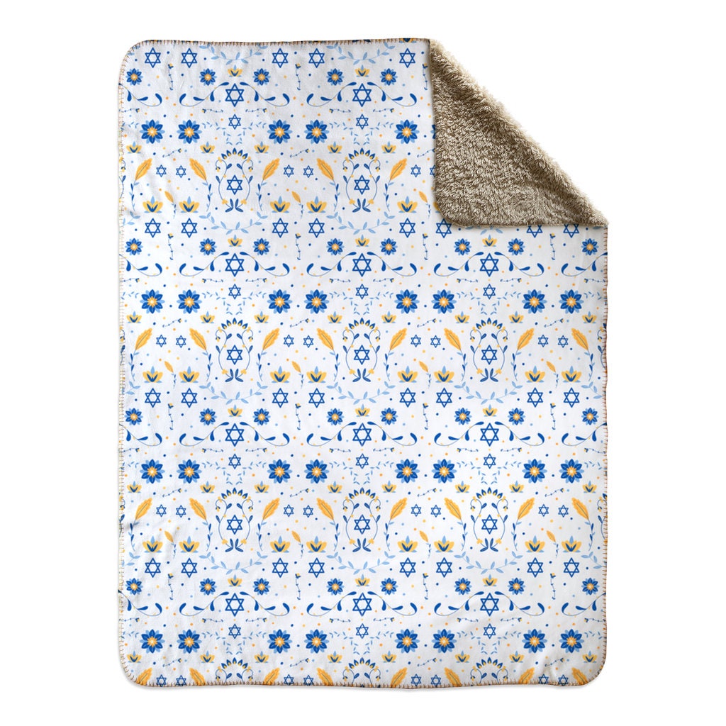 Hanukkah Blanket | Hanukah Fleece Sherpa Blanket | Jewish Folk Art Blanket