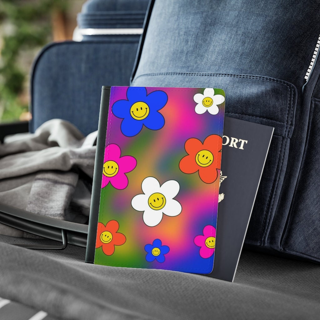 Retro Smiley Flower Passport Cover | Flower Passport Holder | Faux Leather Passport Holder