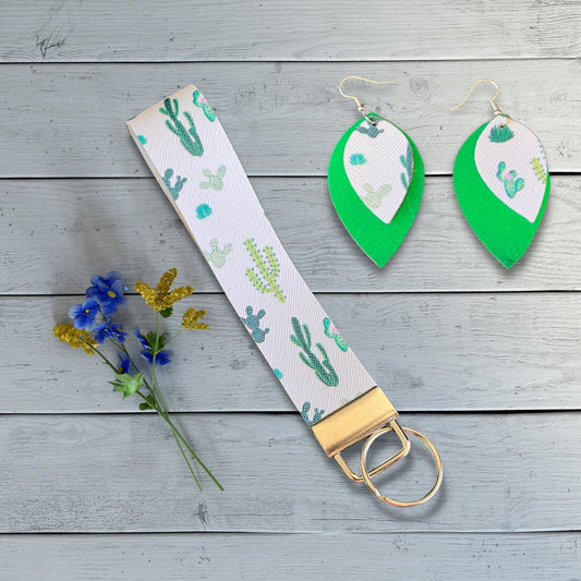 White Cactus Wristlet and Earrings Set | Cactus Jewelry | Vegan Leather Jewelry Set