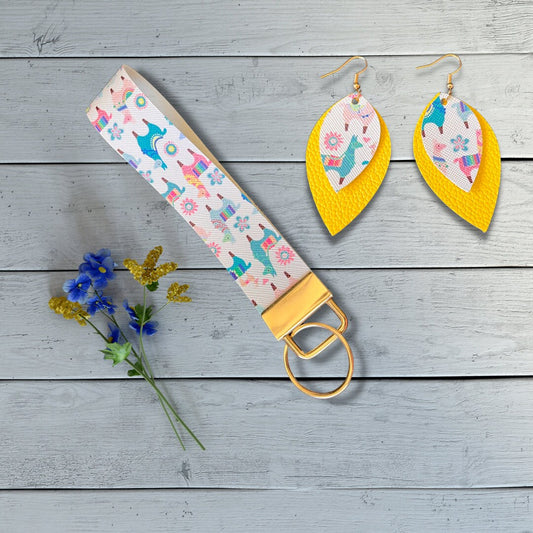 Llama Wristlet and Earrings Set | Cute Llama Jewelry | Vegan Leather Jewelry Set