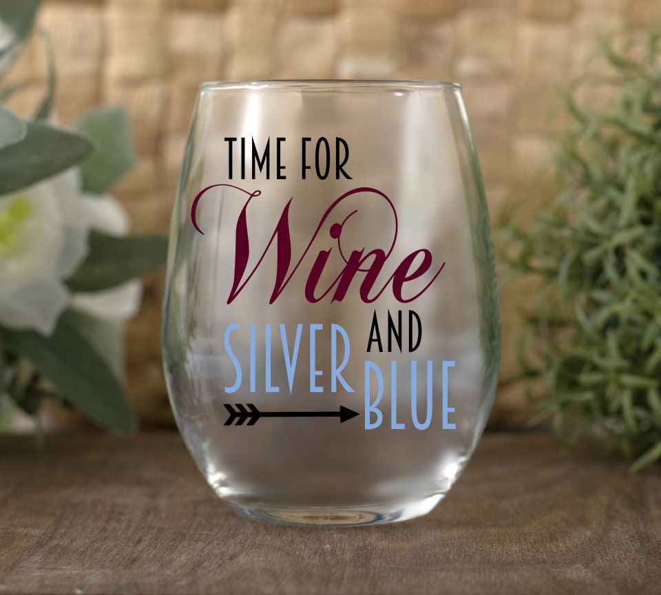 Time for Wine and Silver Blue Wine Glass | Pi Phi Wine Glass | Big Sister Gift | Little Sister Gift