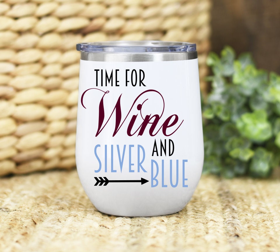 Time for Wine and Silver Blue Wine Glass | Pi Phi Wine Glass | Big Sister Gift | Little Sister Gift