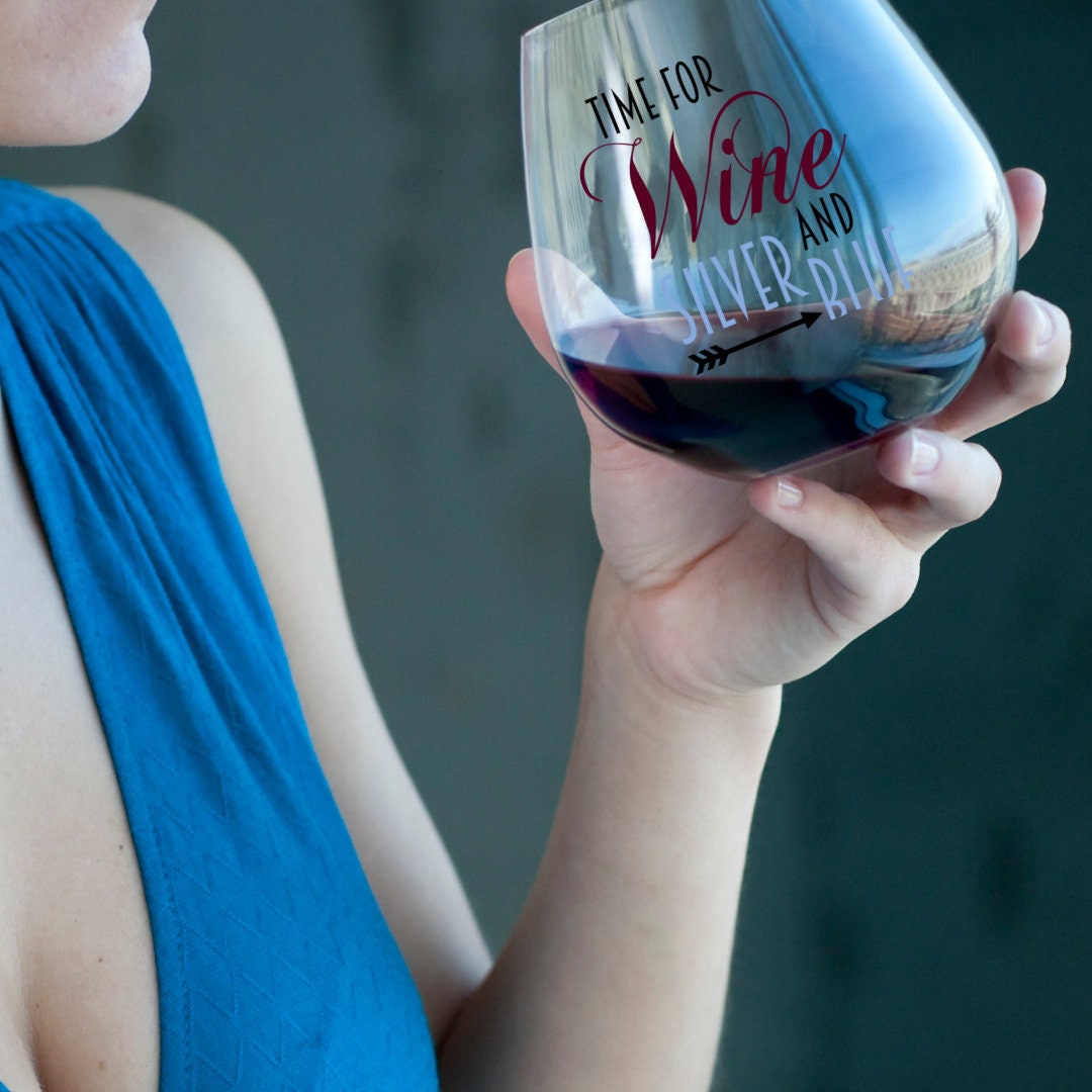 Time for Wine and Silver Blue Wine Glass | Pi Phi Wine Glass | Big Sister Gift | Little Sister Gift