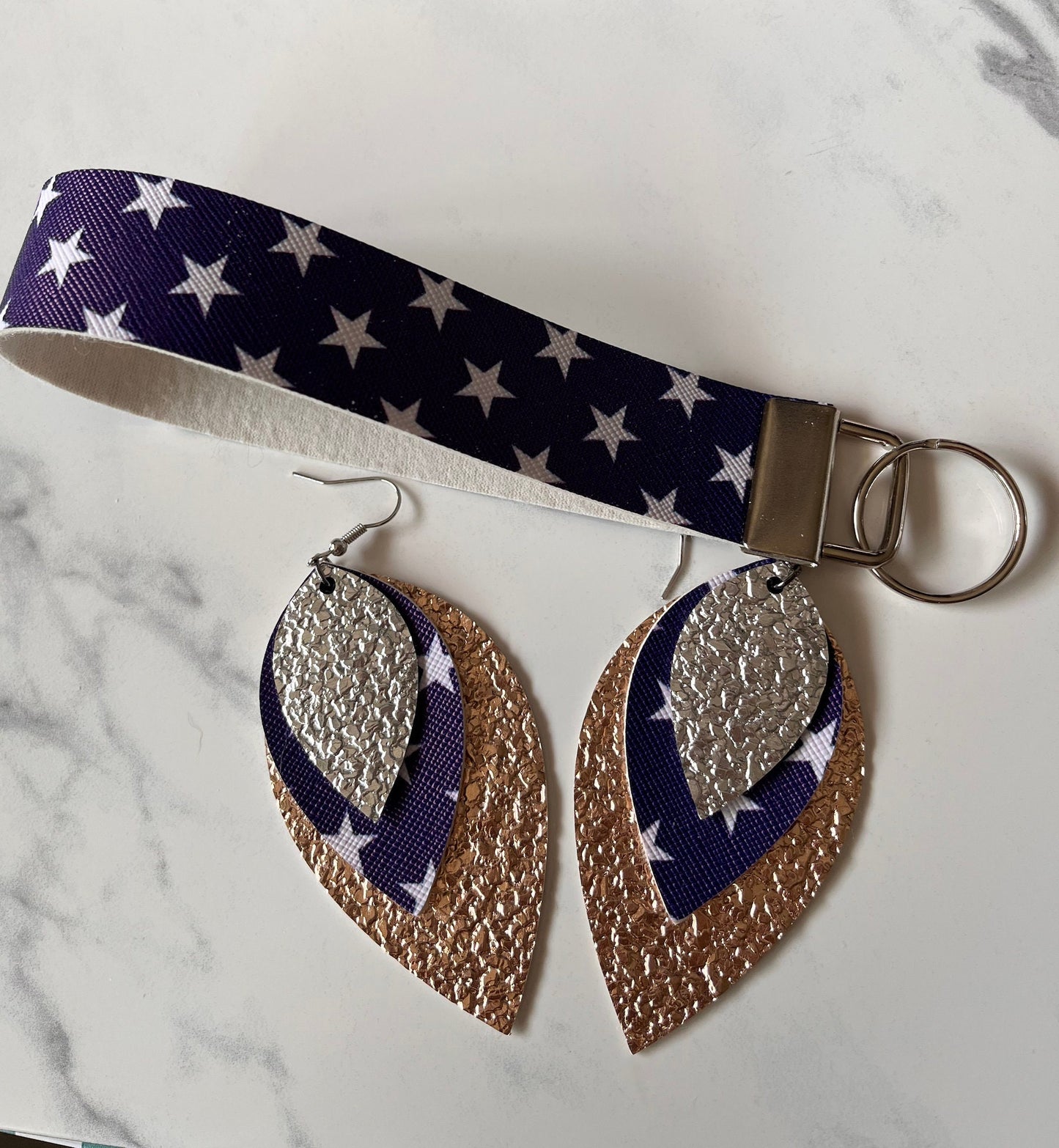 Blue and White Stars Wristlet  and Earrings Set | 4th of July Wristlet and Earrings Set | Vegan Jewelry Set