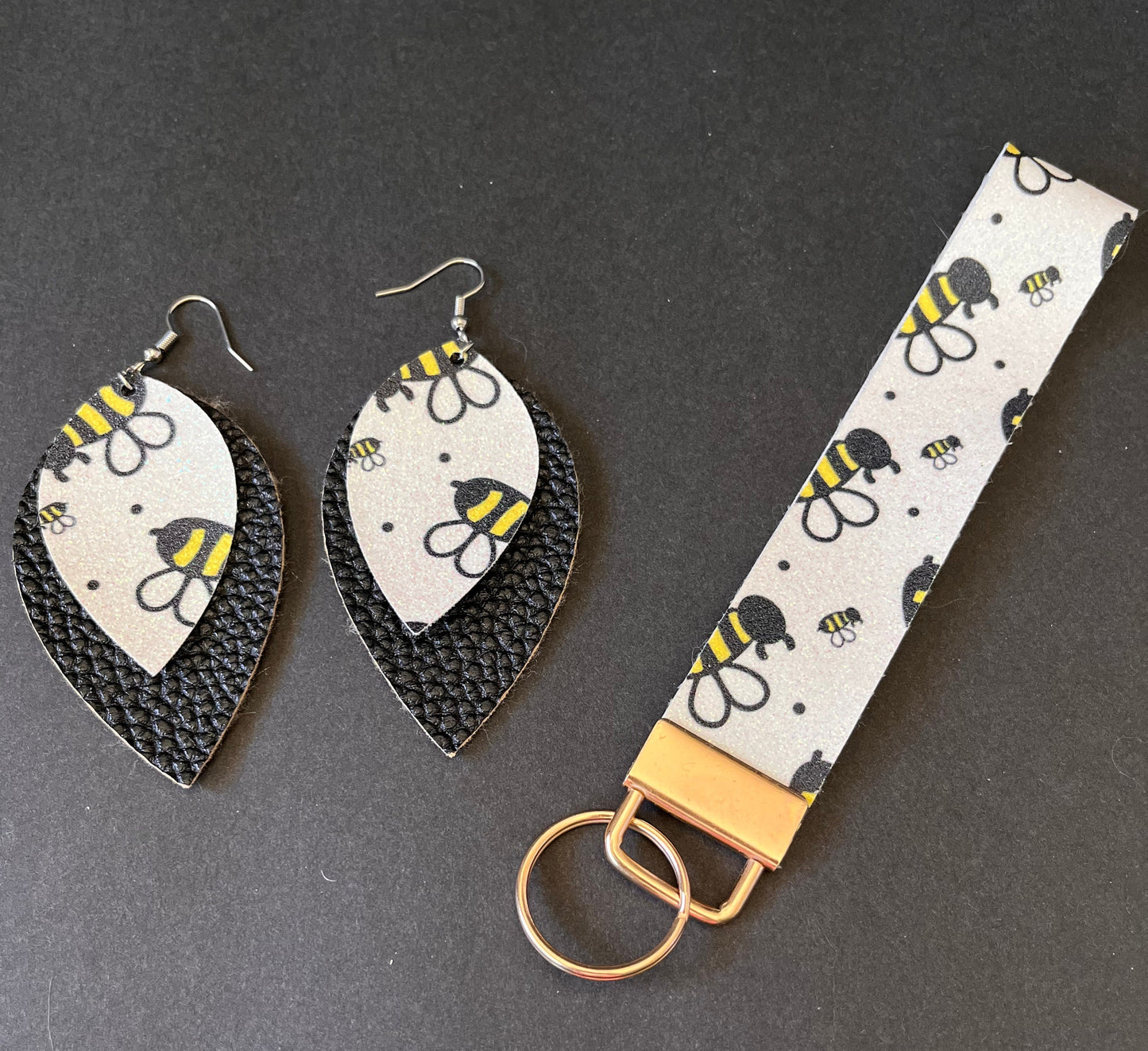 Glitter Bee Earrings | Bee Earrings | Faux Leather Earrings | Bee Dangle Earrings