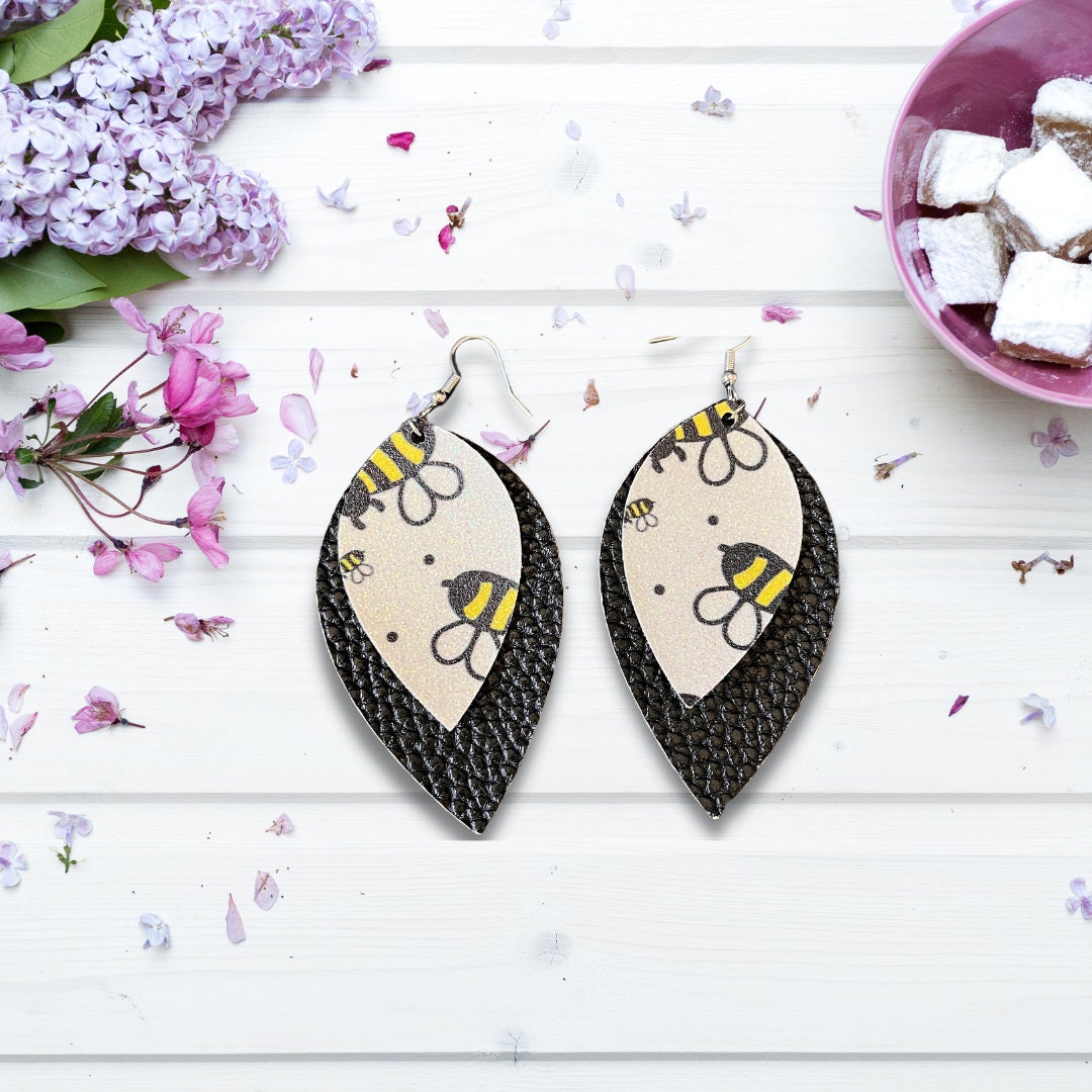 Glitter Bee Earrings | Bee Earrings | Faux Leather Earrings | Bee Dangle Earrings