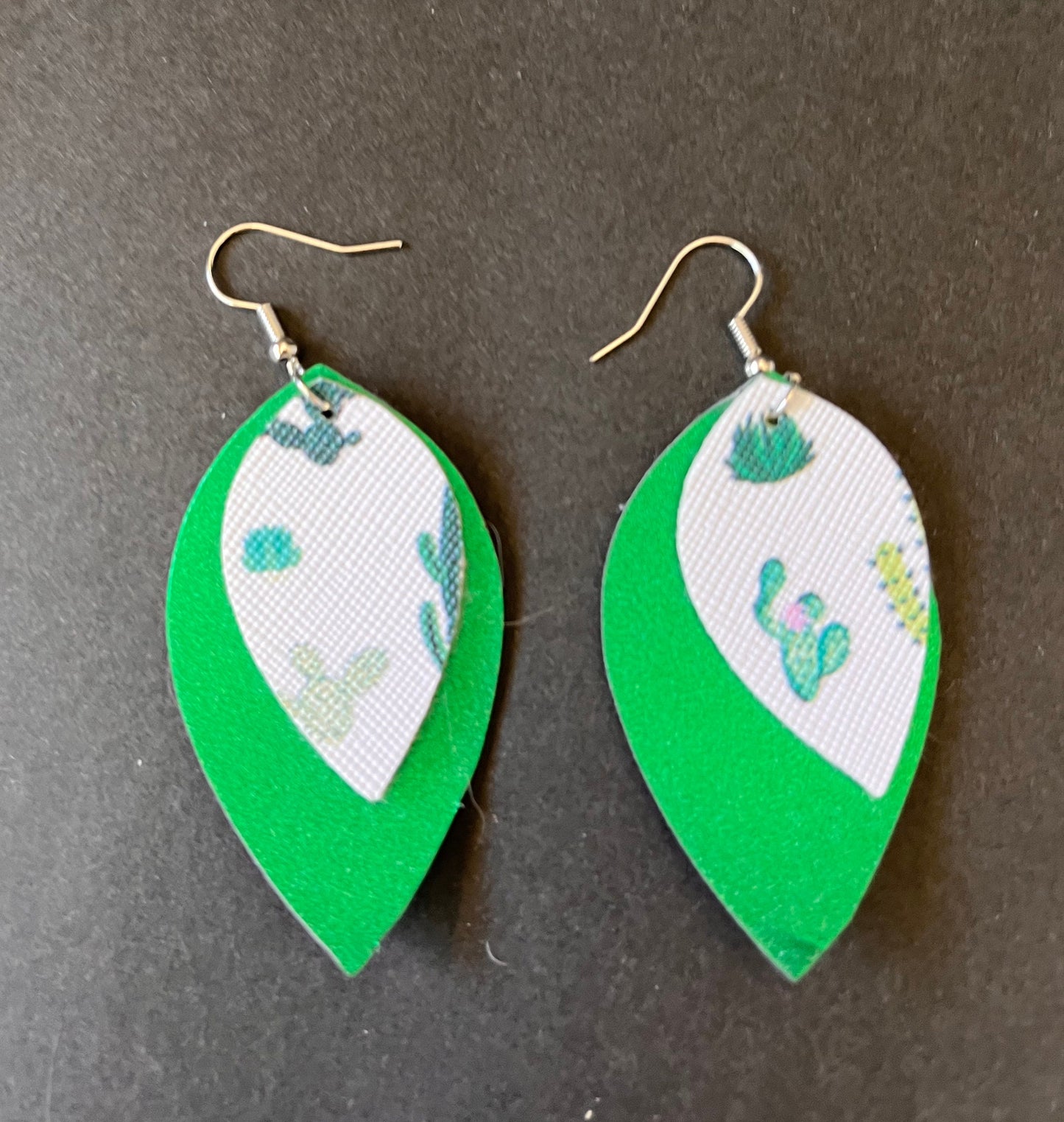 White Cactus and Green Earrings | White Cactus Earrings | Faux Leather Earrings | Cactus Dangle Earrings