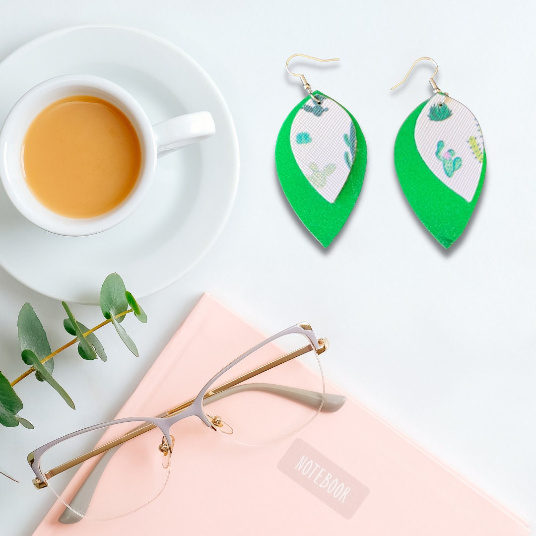 White Cactus and Green Earrings | White Cactus Earrings | Faux Leather Earrings | Cactus Dangle Earrings