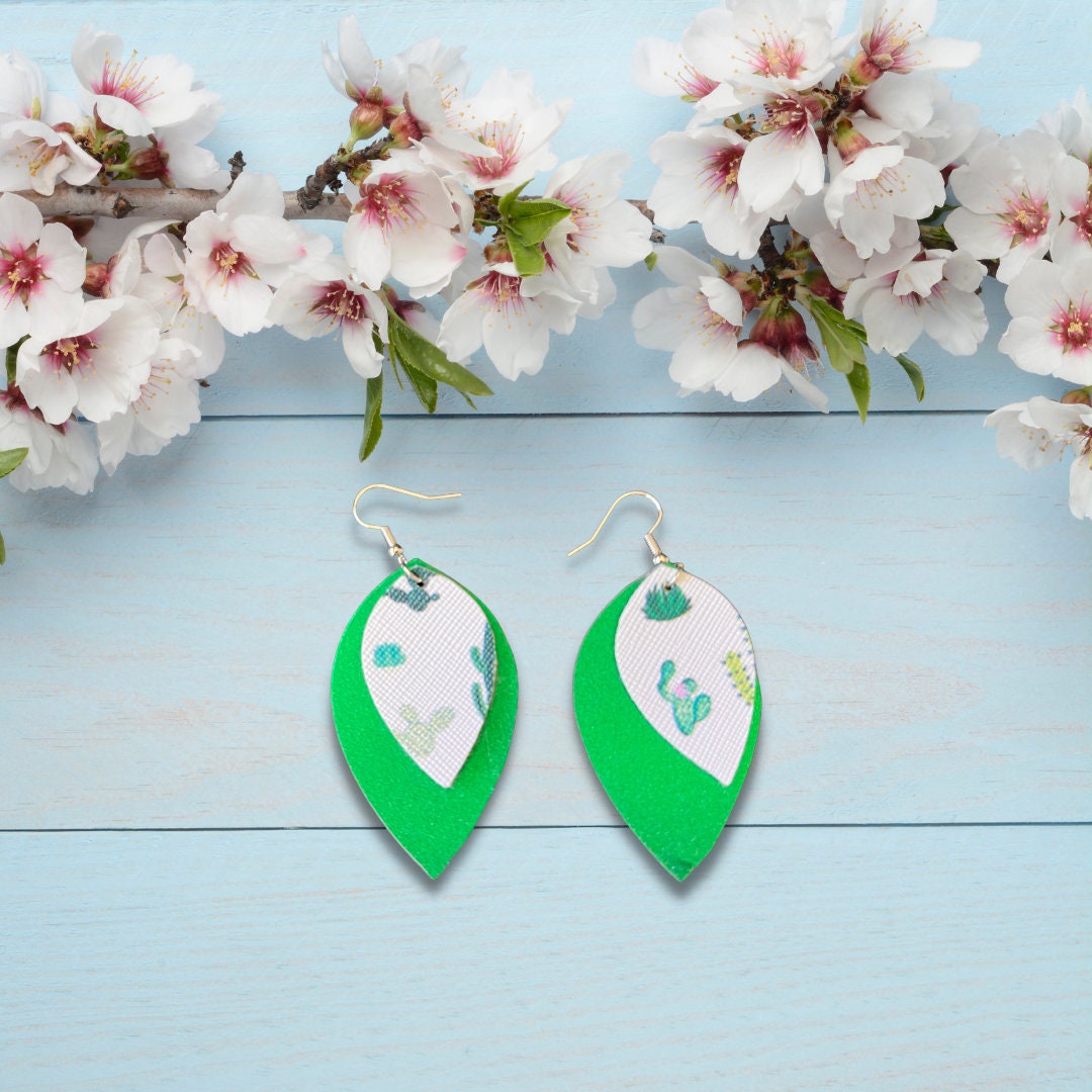 White Cactus and Green Earrings | White Cactus Earrings | Faux Leather Earrings | Cactus Dangle Earrings