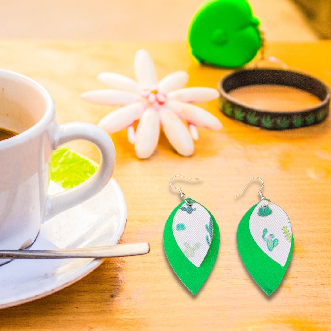 White Cactus and Green Earrings | White Cactus Earrings | Faux Leather Earrings | Cactus Dangle Earrings