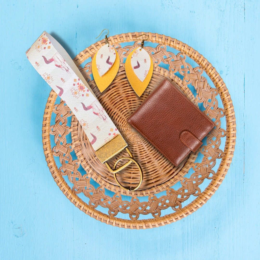 Southwestern Bull Wristlet and Earrings Set | Southwestern Jewelry | Vegan Leather Jewelry Set