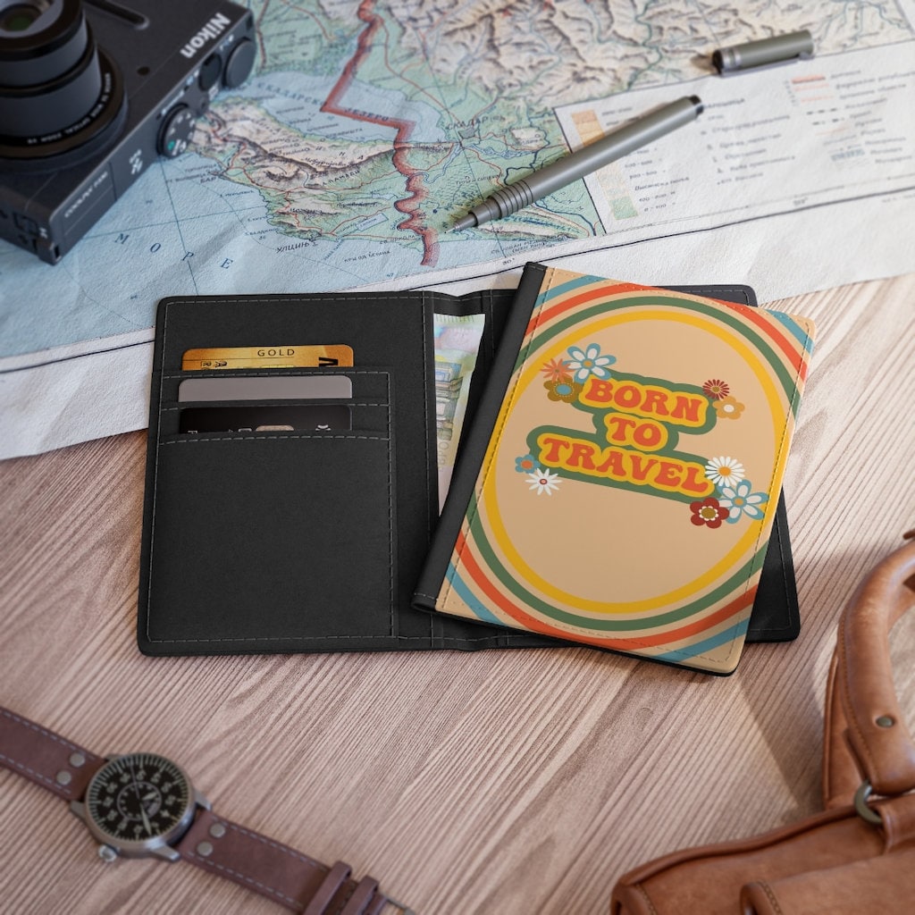 Retro Born to Travel Passport Cover | Born to Travel Passport Holder | Faux Leather Passport Holder