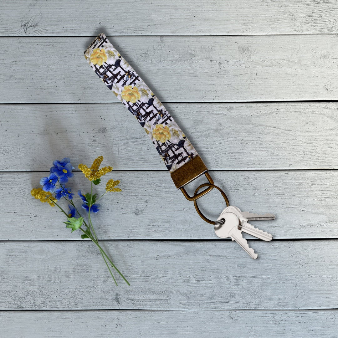 Yellow Flowers and Bees Wristlet | Bee Wristlet | Bee Key Fob | Faux Leather Wristlet