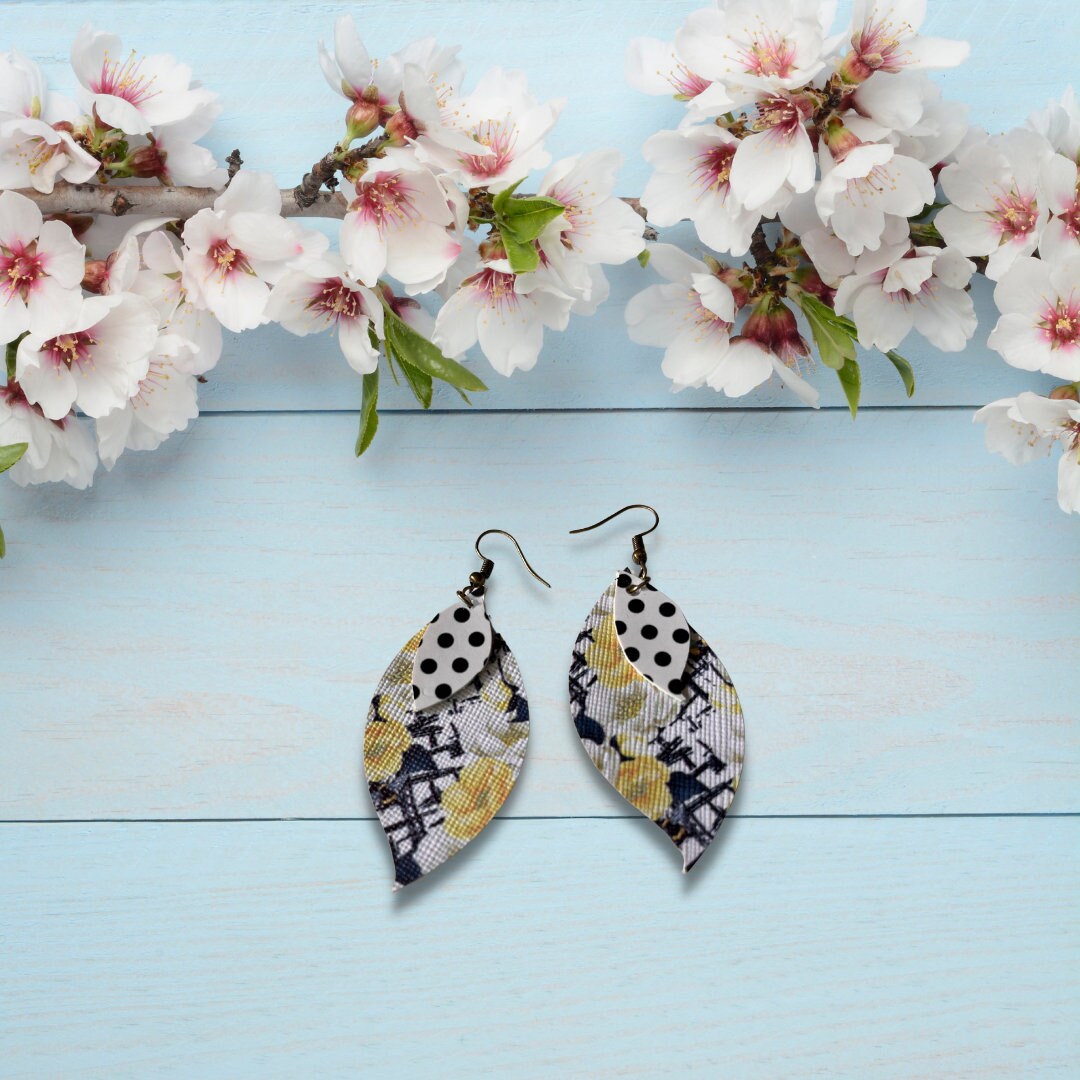 Yellow Flowers and Bees Earrings | Bee Earrings | Faux Leather Earrings