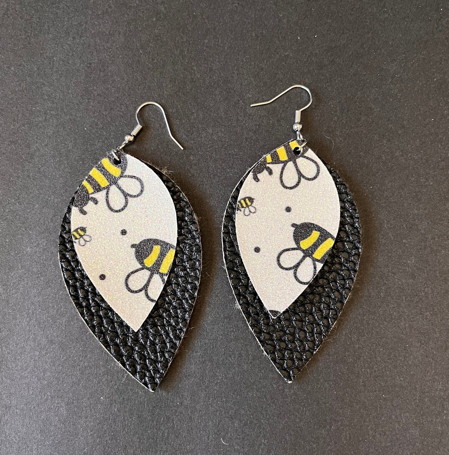 Glitter Bee Earrings | Bee Earrings | Faux Leather Earrings | Bee Dangle Earrings