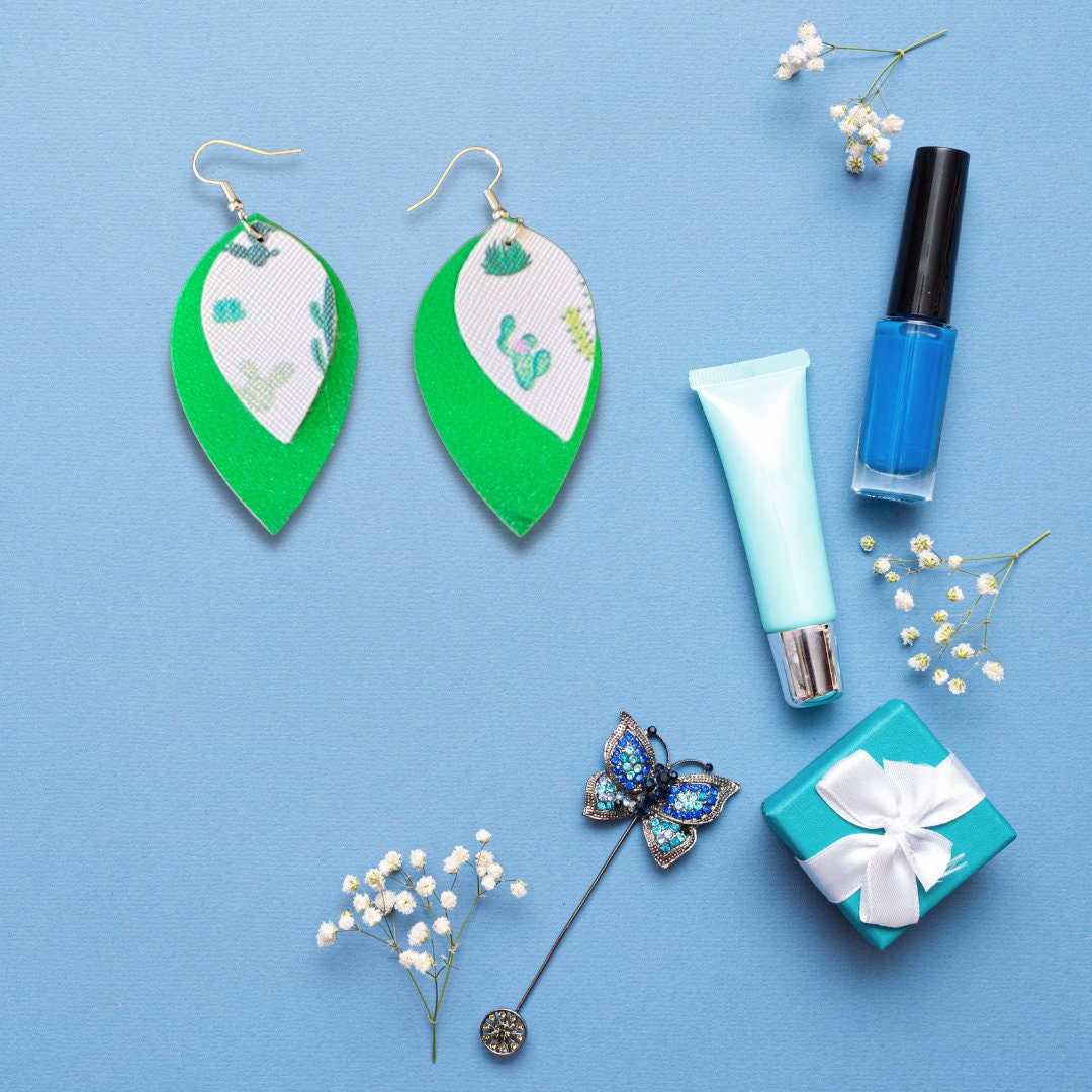 White Cactus and Green Earrings | White Cactus Earrings | Faux Leather Earrings | Cactus Dangle Earrings