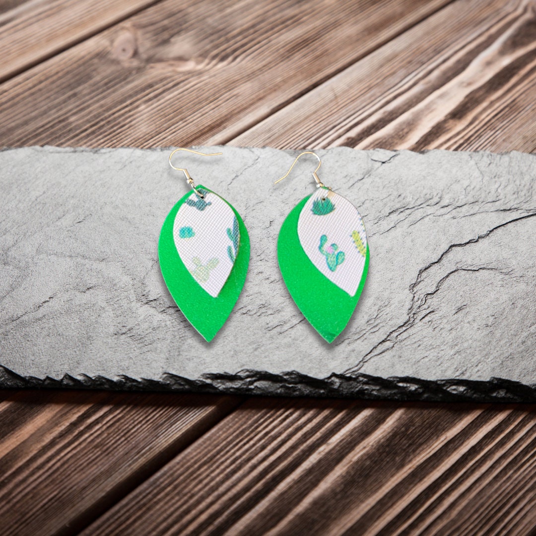 White Cactus and Green Earrings | White Cactus Earrings | Faux Leather Earrings | Cactus Dangle Earrings